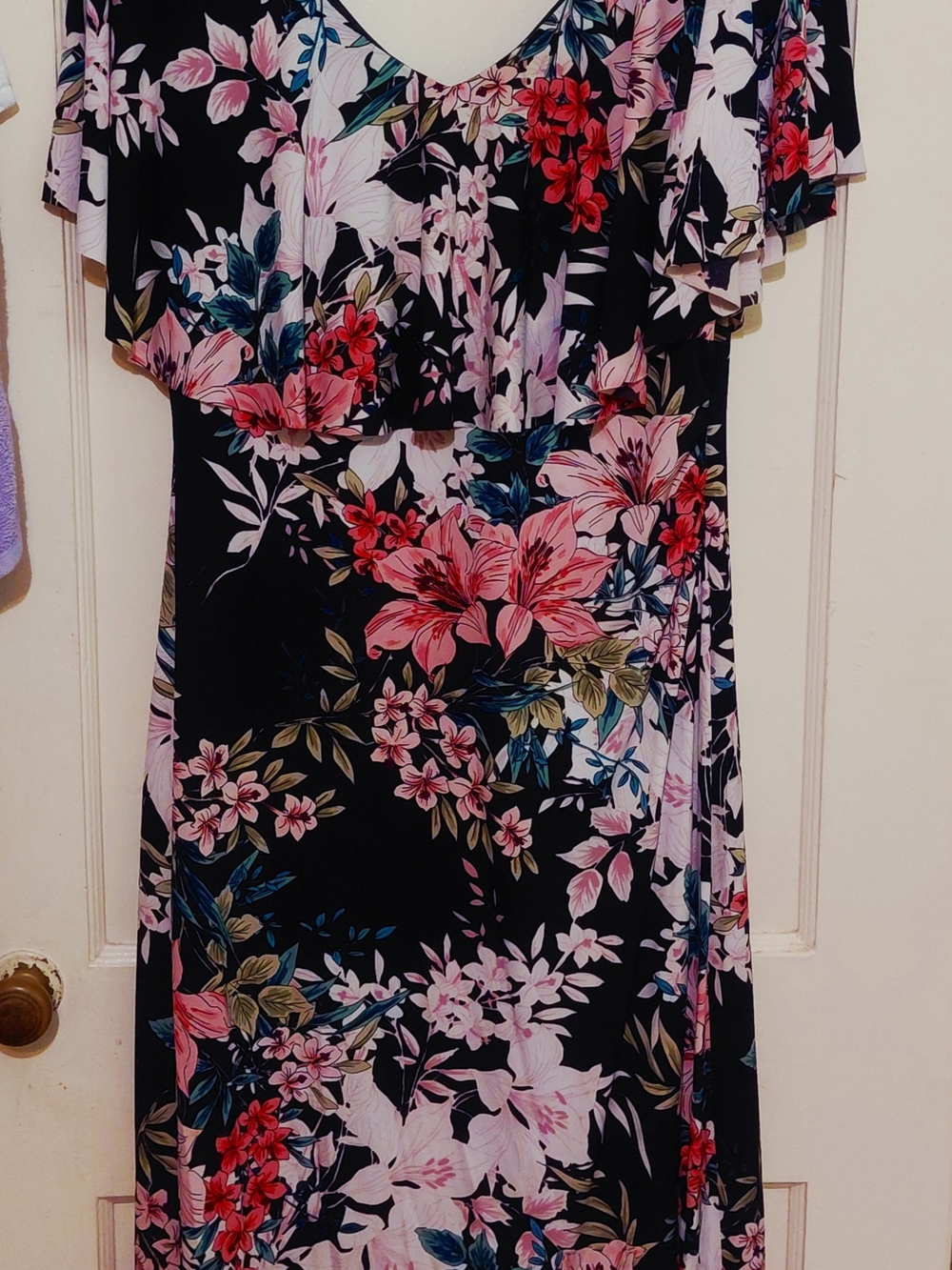 connected apparel Black Midi Dress with Pink & Red Floral Print